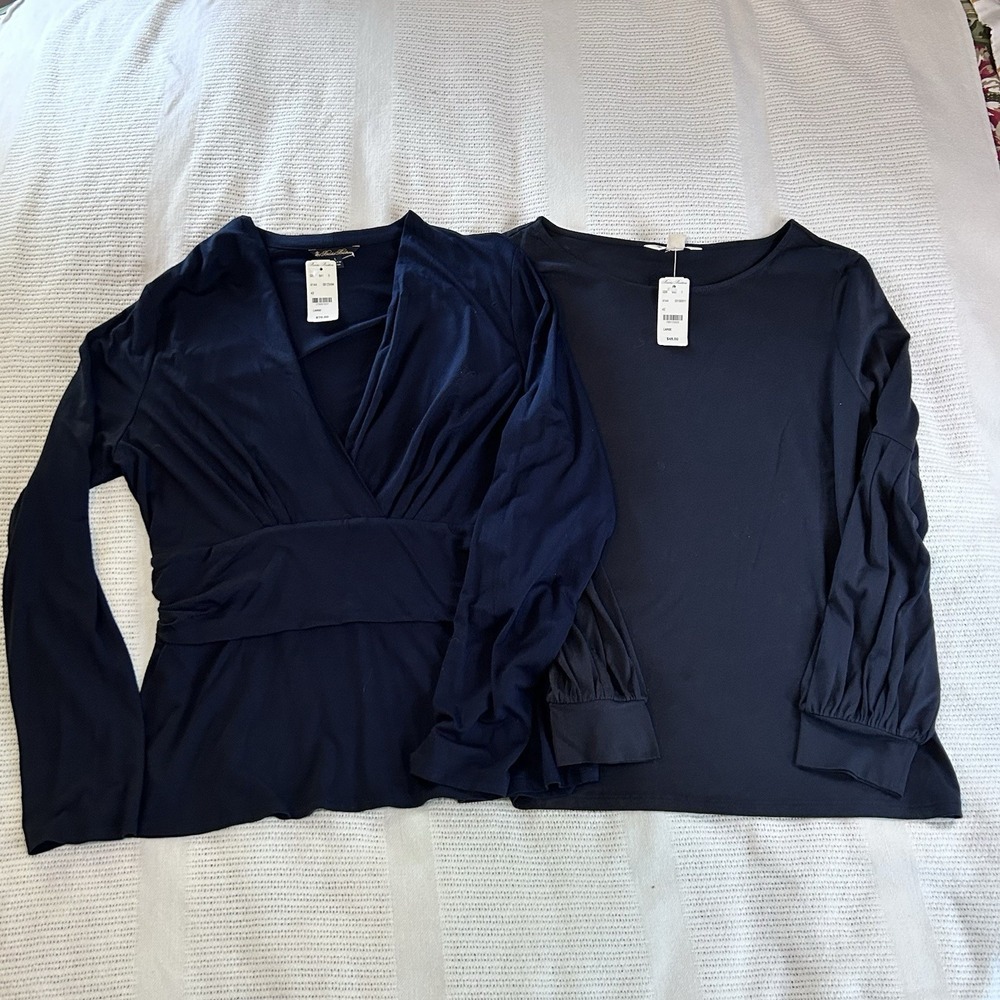 Two New Brooks Brothers Women's L Navy Blue Longsleeve Shirts New With Tags